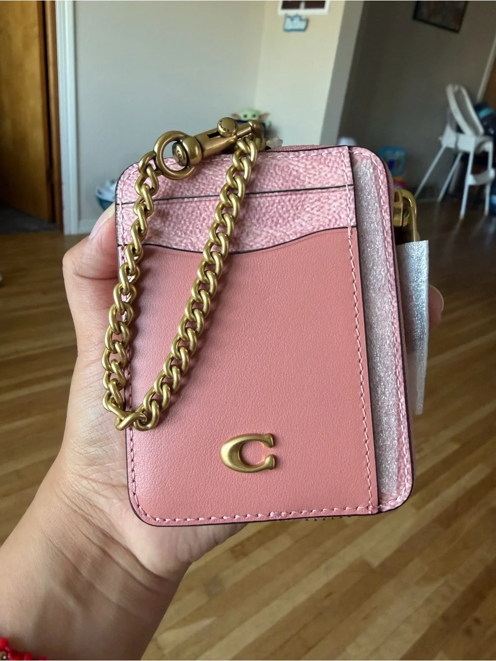 Coach Pink Leather Card Case with Gold Chain Accent